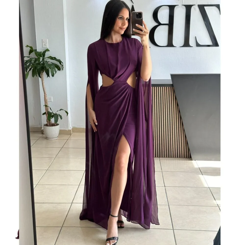 NEW Eggplant Purple Midriff Cut-Out Flowing Butterfly Sleeve Maxi Dress Gown - Picture 3 of 4